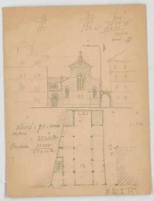Thiersch, August ; München, Nordendstr.; Kath. - Apostolische Kirche - Teilgrundriss, Ansicht