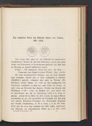 Ein unedirter Denar des Bischofs Haimo von Verdun, 990—1024