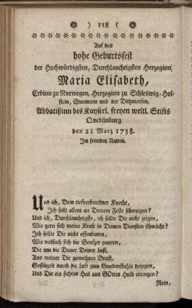 Auf das hohe Geburtsfest der Hochwürdigsten, Durchlauchtigsten Herzoginn Maria Elisabeth,...
