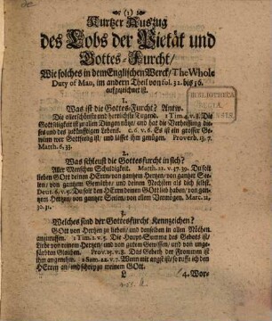 Ohnfehlbahre und wahre Kennzeichen derer Singularisten, Nebst dem Lob der Pietät und Gottes-Furcht, Wie solche ein berühmter Englischer Lehrer und Schrifften-Verfasser in dem Wercke so er nennet: The Whole Duty of Mann, oder die Schuldigkeit aller Menschen, hinterlassen hat