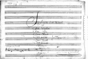 Symphonies, WolC 11, D-Dur - BSB Mus.ms. 1837 : [vla 1:] Sinfonia â 15 Strome[n]ti // per // due Violini // due Oboe // due Flauti // due Corni Toni D: // due Fagotti // due Trombe // Timpani // due viola, [by later hand: Basso] // e // organo. // Di Christ: Cannabich // [music incipit] // N o 11
