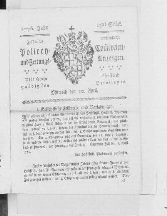 15tes Stück, Ausgabe vom 10. April 1776
