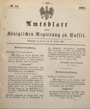 № 44. Ausgegeben zu Cassel am 29. August 1868.