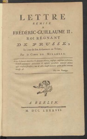Lettre Remise A Frédéric-Guillaume II, Roi Régnant De Prusse, Le jour de son Avénement au Trône