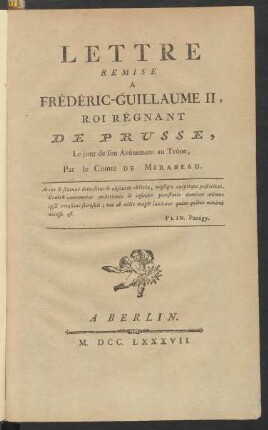 Lettre Remise A Frédéric-Guillaume II, Roi Régnant De Prusse, Le jour de son Avénement au Trône