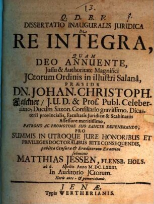 Dissertatio Inauguralis Juridica De Re Integra