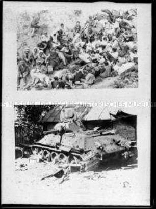 Gruppe von Männern, Frauen und Kinder auf der Erde sitzend (oben); Panzer vor einem Haus (unten), 2. Weltkrieg