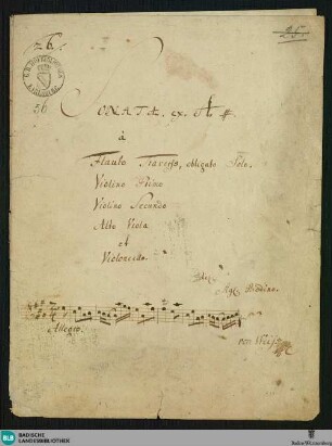 Sonatas - Mus. Hs. 56 : fl, vl (2), a-vla, bc; A; GroF 872