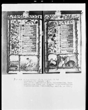 Lateinisches Gebetbuch mit Kalendarium — Kalenderseite Juni mit Tierkreiszeichen und Monatsbild