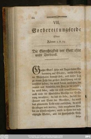 VII. Vorbereitungsrede über Römer 3. v. 24. Die Gerechtigkeit vor Gott ohne unser Verdienst.