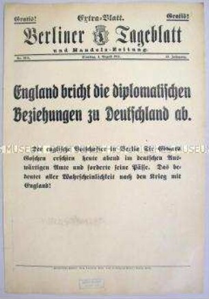 Extra-Blatt des "Berliner Tageblatt" zum Abbruch der diplomatischen Beziehungen durch Großbritannien