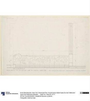 New York, Riverside Park, Projekt eines Mahnmales für die 6 Millionen durch die Nationalsozialisten ermordeten Juden. Entwurfsblatt mit Aufriß der Westseite (mit dem Relief Ivan Mestrovic`s), endgültige Fassung