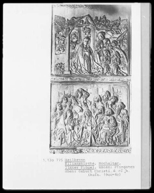 Linker Altarflügel mit der Geburt Christi (oben) und Pfingsten (unten))