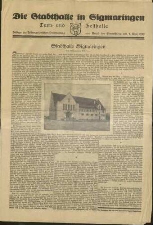 Zeitungssonderbeilagen des Schwarzwälder Boten vom 29.06.1929 über Hohenzollern und der Hohenzollerischen Volkszeitung vom 04.05.1930 über die neue Stadthalle in Sigmaringen