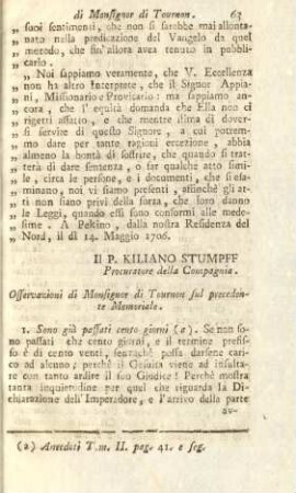 Osservatione di Monsignor di Tournon sul precedente memoriale