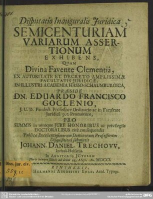 Disputatio Inauguralis Iuridica Semicenturiam Variarum Assertionum Exhibens
