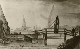 Holländische Stadt mit Brücke, Kirche und Mühle