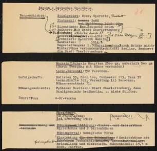 Deutsches Opernhaus (auch: Städtische Oper), Berlin: Schriftstück zum Fragebogen für das Handbuch »Das Deutsche Theater«