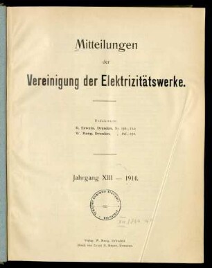 1914, Jg. XIII: Mitteilungen der Vereinigung der Elektrizitätswerke