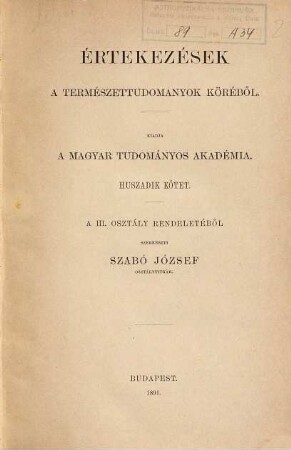 Értekezések a természettudományok köréből. 20. 1891, Nr. 1 - 4