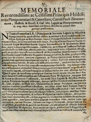 Memoriale Principis Hildensis Plenipotentiarii C. P. Zimmermann S. Caes. M. Legatis exhibitum