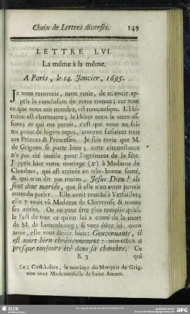 Lettre LVI. La même à la même. A Paris, le 14. Janvier, 1695