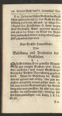 Das Sechste Hauptstücke/ Von Besoldung und Freyheiten der Geistlichen