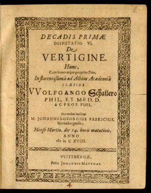 Decadis Primae Disputatio VI, De Vertigine