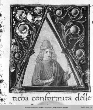 Leonardo Bruni: Historia Fiorentina : Bildseite mit Text, Bordürenrahmen, figürlichen Medaillons sowie historisierter Initiale A(ppressandosi)