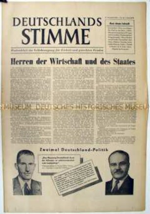 Wochenzeitung der "Volksbewegung für Einheit und gerechten Frieden" zu den Differenzen der Alliierten bezüglich der Zukunft Deutschlands