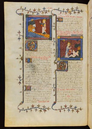 Miniaturen: Gott segnet die Schöpfung (links), Erschaffung Evas (rechts)