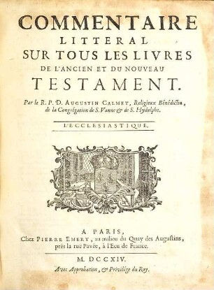 Commentaire Litteral Sur Tous Les Livres De L'Ancien Et Du Nouveau Testament, [10]. L'Ecclesiastique