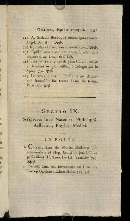 451-486, Sectio IX. Scriptores Juris Naturae; Philosophi, Aesthetici, Physici, Medici.