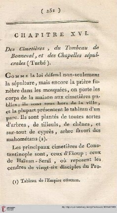 Chapitre XVI: Des Cimetières, du Tombeau de Bonneval , et des Chapelles sépulcrales (Turbé)
