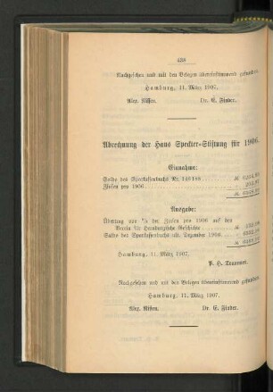 Abrechnung der Hans Speckter-Stiftung für 1906.