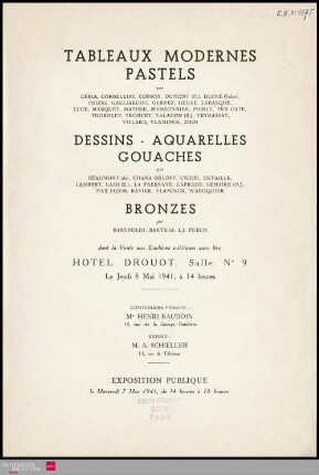 Tableaux modernes, pastels : par Céria, Corbellini, Cosson, Dumont (P.), Dupré (Jules) [und weiteren] : dessins, aquarelles, gouaches : par Beaumont (de), Chana Orloff, Ciceri, Detaille [und weiteren] : bronzes : par Bartholdi, Barye (A.L.), Puech : dont la vente aux enchères publiques aura lieu Hôtel Drouot, Salle No 9, le jeudi 8 mai 1941