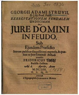 Georgii Adami Struvii ... Exercitationem Feudalem Undecimam De Jure Domini In Feudo