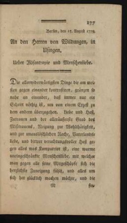 Berlin, den 15. August 1779. An den Herren von Wildungen, in Usingen. Ueber Misantropie und Menschenliebe