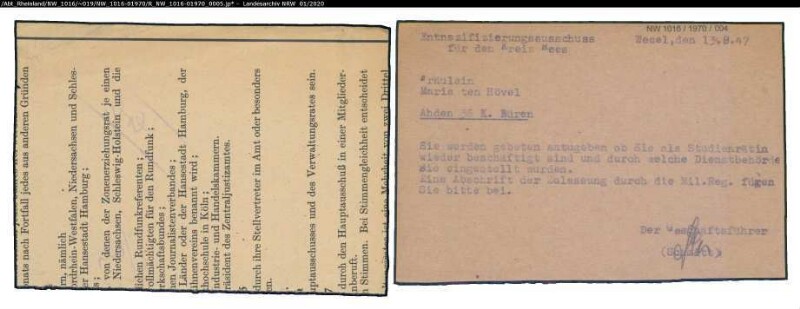 Entnazifizierung Maria Ten Hoevel , geb. 10.06.1908 (Studienraetin)