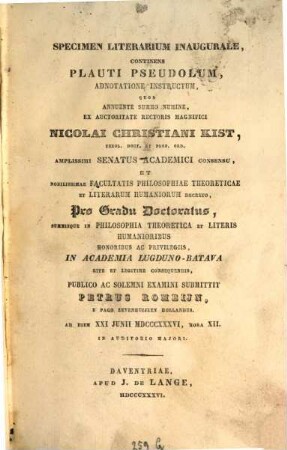 Specimen iuridicum inaugurale, exhibens loca nonnulla ex Plauti comoediis, iure civili illustrata