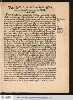 Vorrede D.Aegidii Hunnii, seeligen kurtz vor seinen Absterben an den Christlichen Leser gestellt