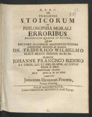 De Praecipuis Stoicorum In Philosophia Morali Erroribus Dissertatio Quarta Et Ultima