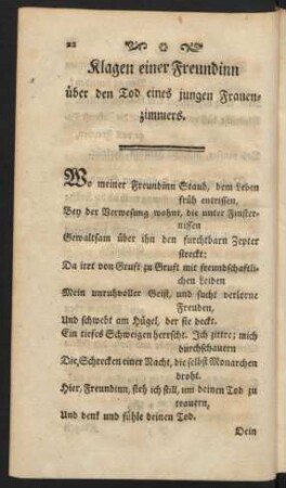 Klagen einer Freundinn über den Tod eines jungen Frauenzimmers