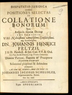 Disputatio Iuridica exhibens Positiones Selectas De Collatione Bonorum