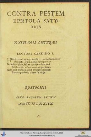 CONTRA PESTEM EPISTOLA SATYRICA NATHANIS CHYTRAEI