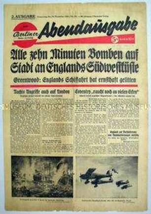 Abendausgabe der "Berliner Volks-Zeitung" u.a. zur Bombardierung englischer Städte