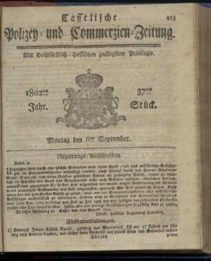 37tes Stueck, Montag den 6ten September 1802