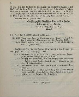 8. Nummer 1 des Reichs-Gesetzblattes enthält unter: ...