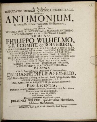 Disputatio Medico-Chymica Inauguralis, exhibens Antimonium, & nonnulla ex hoc Præparata Medicamenta