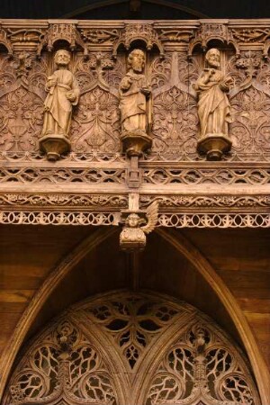 Frankreich. Bretagne. Finistere. Lambader. Chapelle Notre Dame. 15 Jahrhundert. Geschnitzter Lettner im Flamboyantstil. 1481